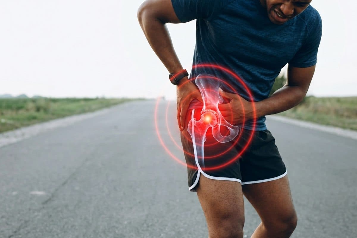 Coureur se tenant la hanche, articulation de la hanche douloureuse mise en évidence